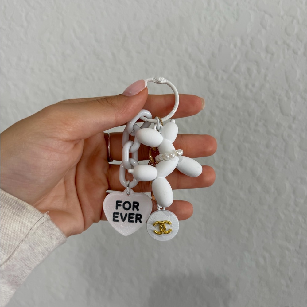 White 'For Ever' Heart Charm Keychain with Pearl Flower Accent